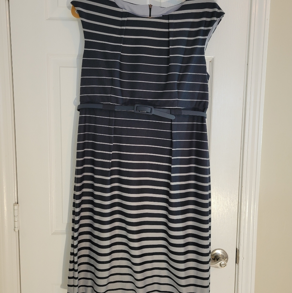 Connected Apparel Grey striped sheath dress.